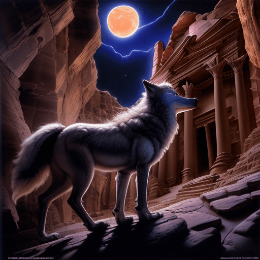 AI generated: Wolf howling in Treasury in Petra Jordan, magical moonlit background, 8k, high detail Don Maitz, Tod...