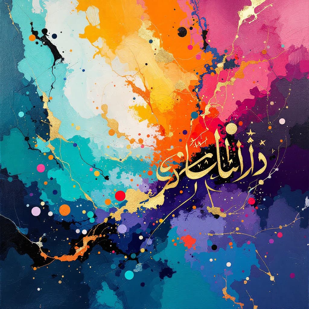 AI generated: stunning Vibrant teal, purple, orange, pink golden Islamic oil painting! bold, textured brushstrokes...