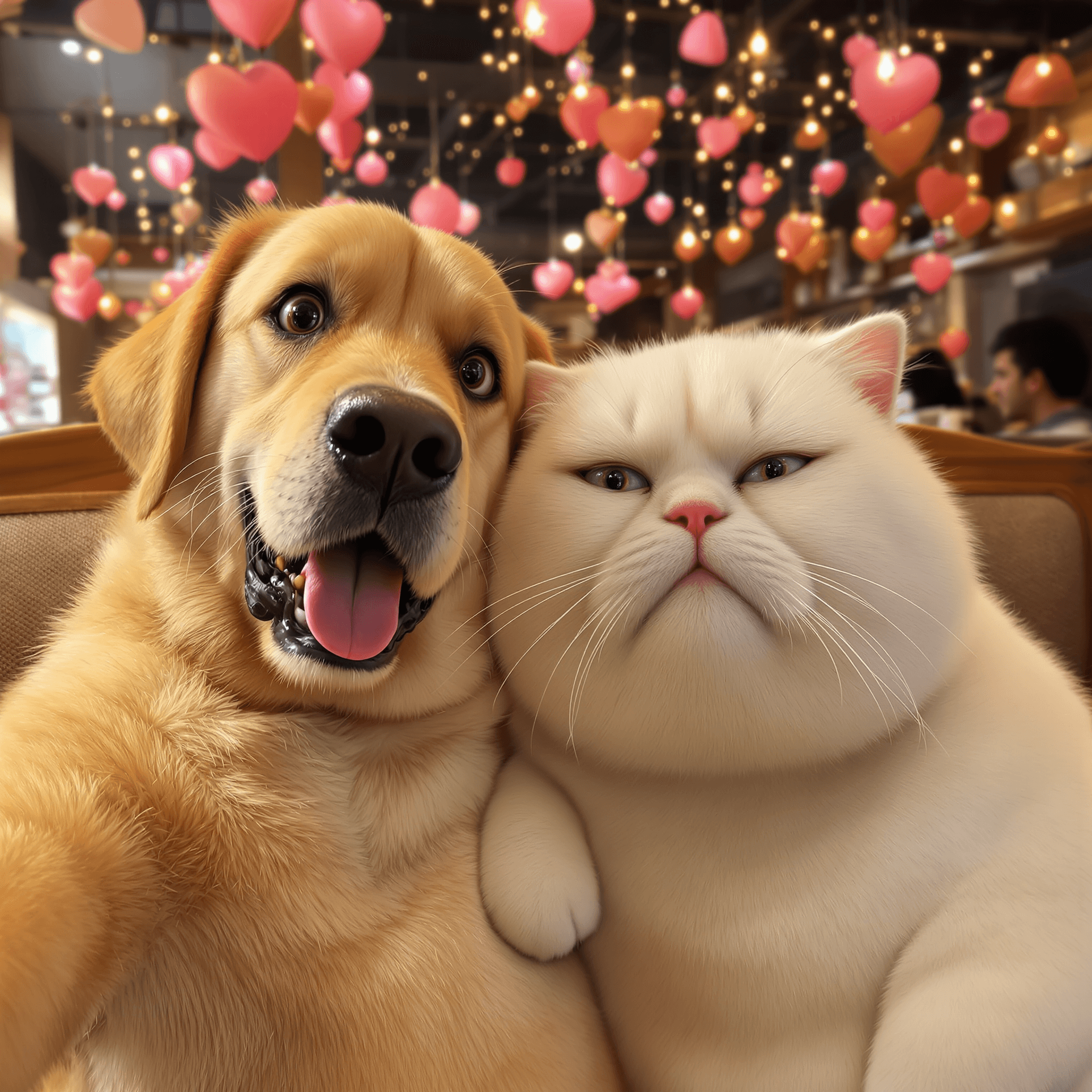 AI generated: An anthropomorphic golden Labrador retriever with big, expressive eyes and a big smile takes a selfi...