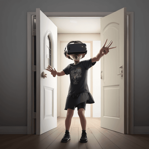 AI generated: Gun barrel out of frame, pointed at a Child in virtual reality opening the door. The child is terrif...
