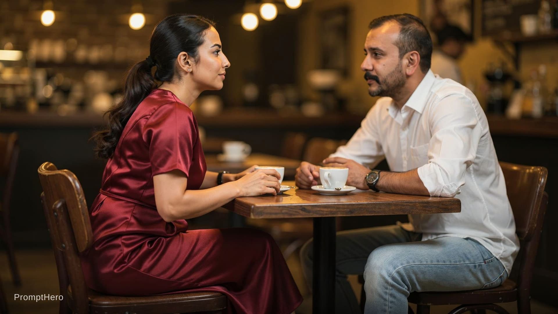 AI generated: (Cinematic UHD, over-the-shoulder shot of a young Indian woman wearing tight fitted Chic Scarlet Sat...