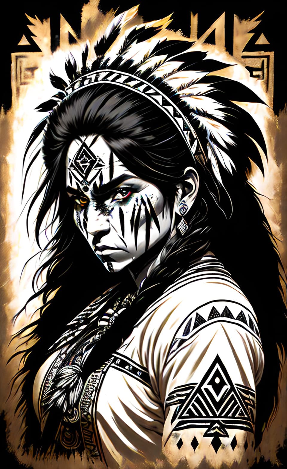 AI generated: A portrait of a female tribal elder, long messy hair, wearing a, Eagle feather headdresses, grunge c...