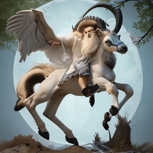 AI generated: His head is horse-like. He has a deer antler on the right, a blue goat horn on the left, one long fa...
