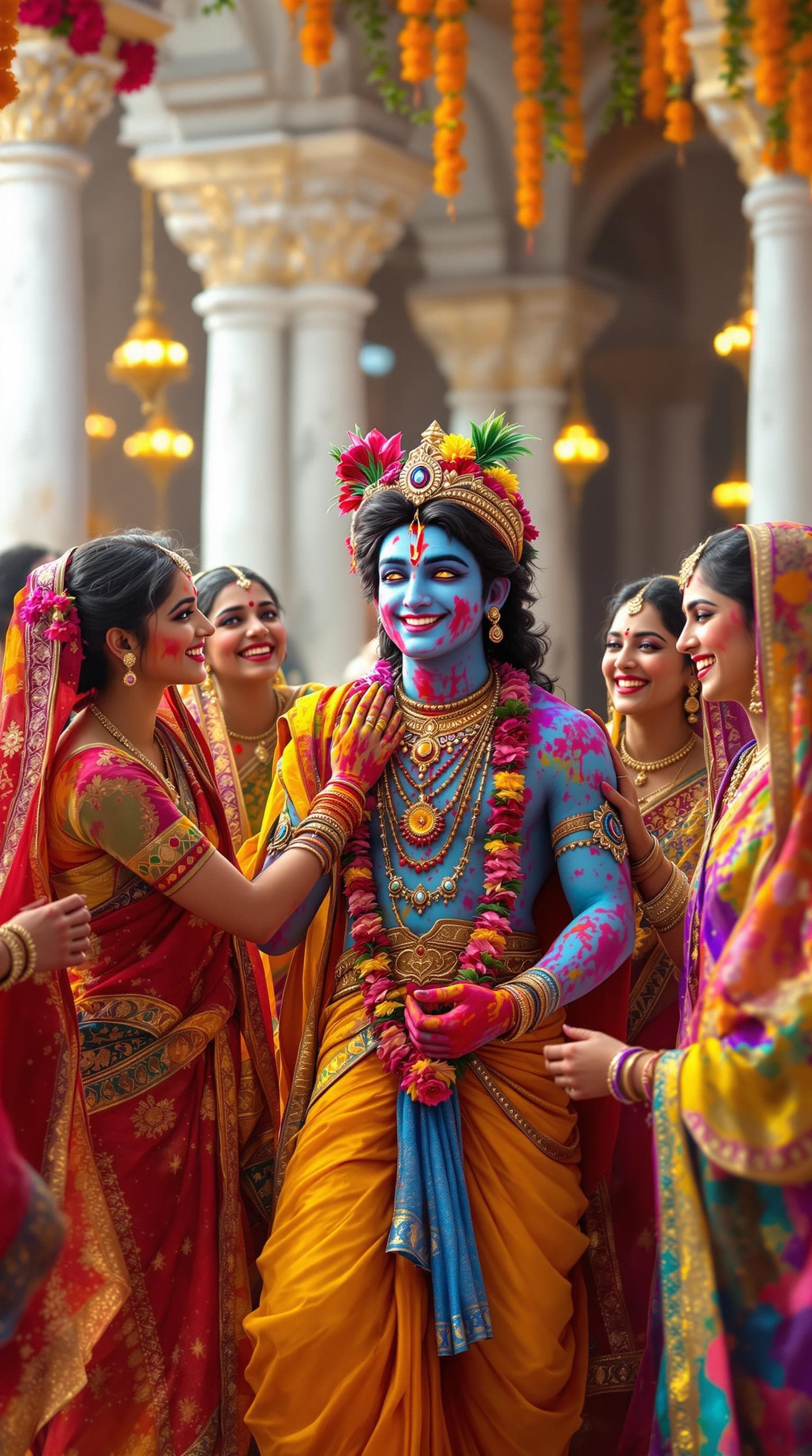 AI generated: "A high-detail, ultra-HD image of Krishna surrounded by laughing Gopis, all dressed in colorful lehe...