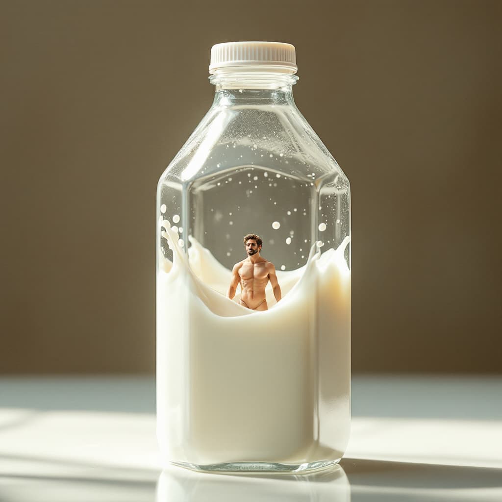 AI generated: A hexagonal bottle of crystal-clear plastic, half-filled with dense white milk, a miniature man floa...