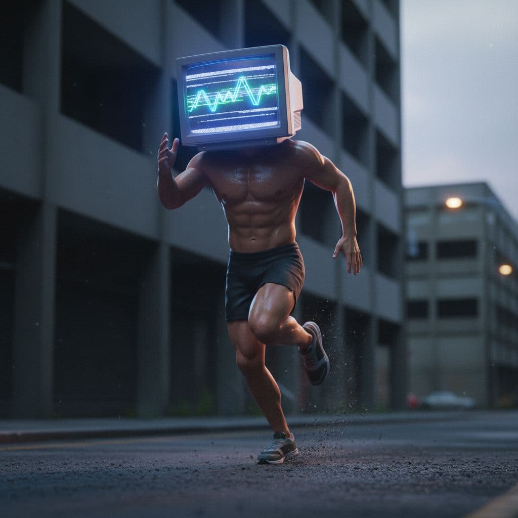 AI generated: A humanoid runner with a retro computer monitor for a head, sprinting down an urban street at dusk. ...