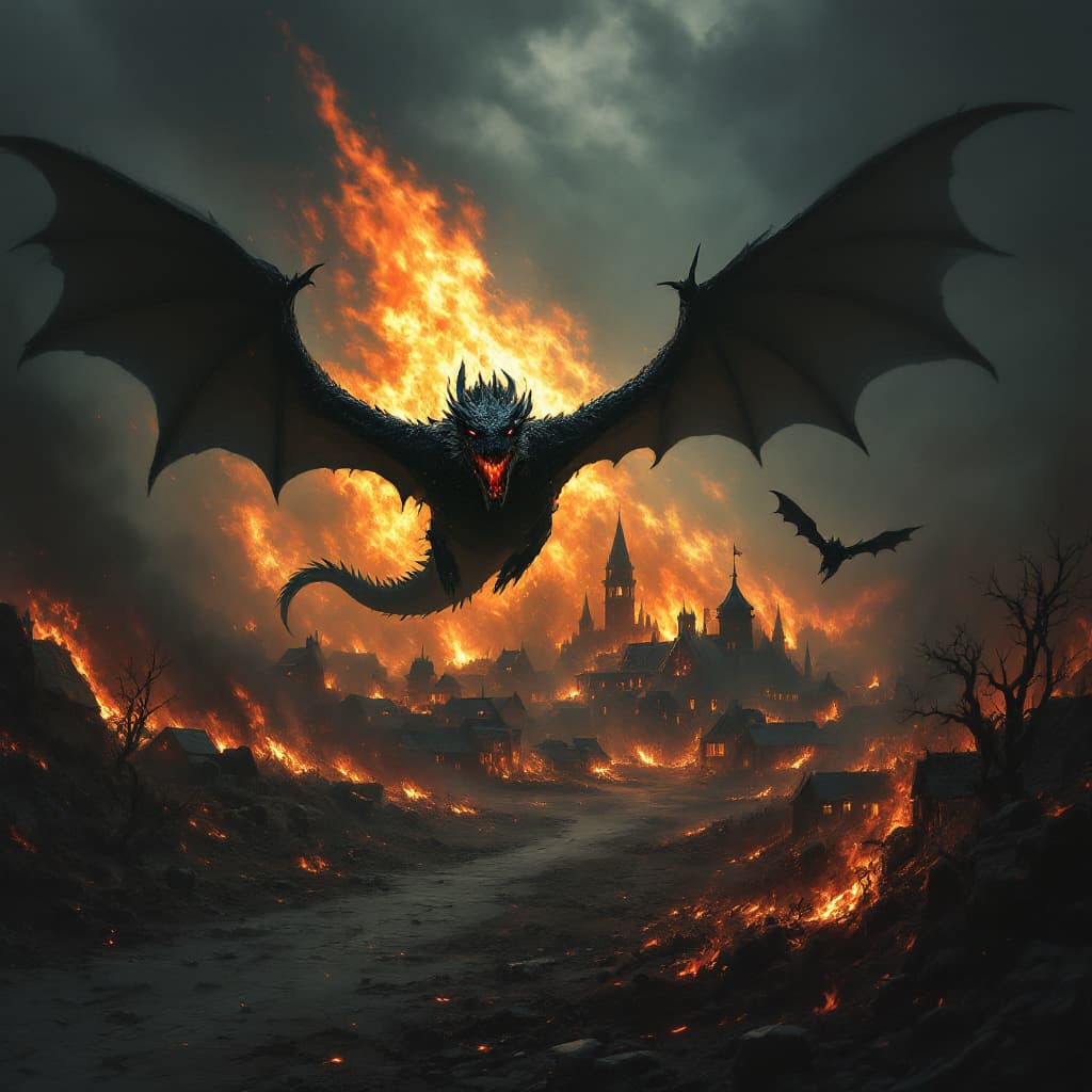 AI generated: The image depicts a dramatic and intense scene of a village in flames, with a large black dragon fly...