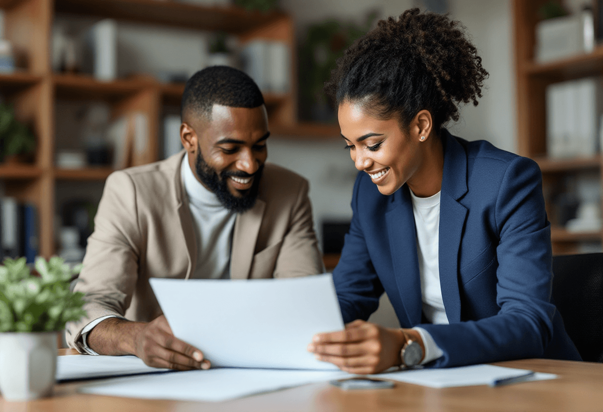 AI generated: a black man and a hispanic woman that are tax professionals working with a client in tax office