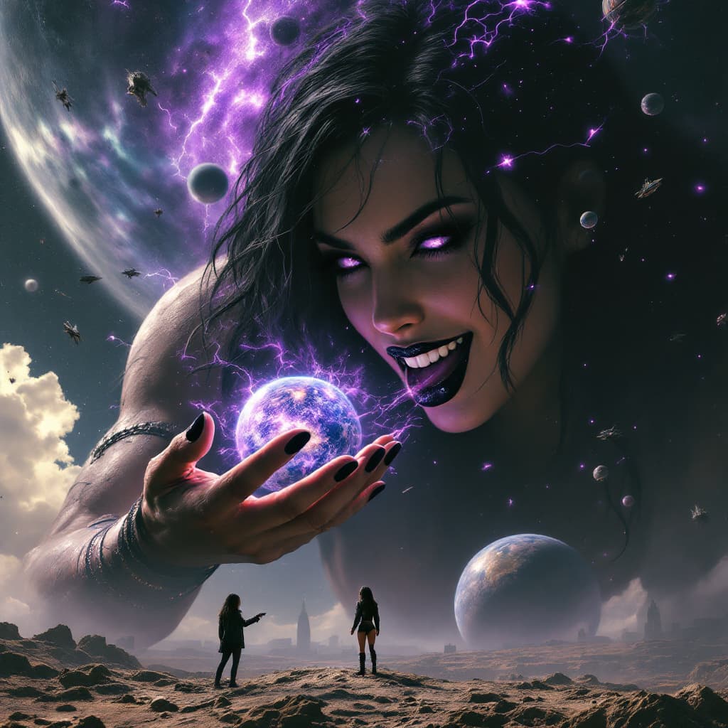 AI generated: enormous giantess female who looks like WWE superstar 
 Rhea Ripley with black medium length hair lo...
