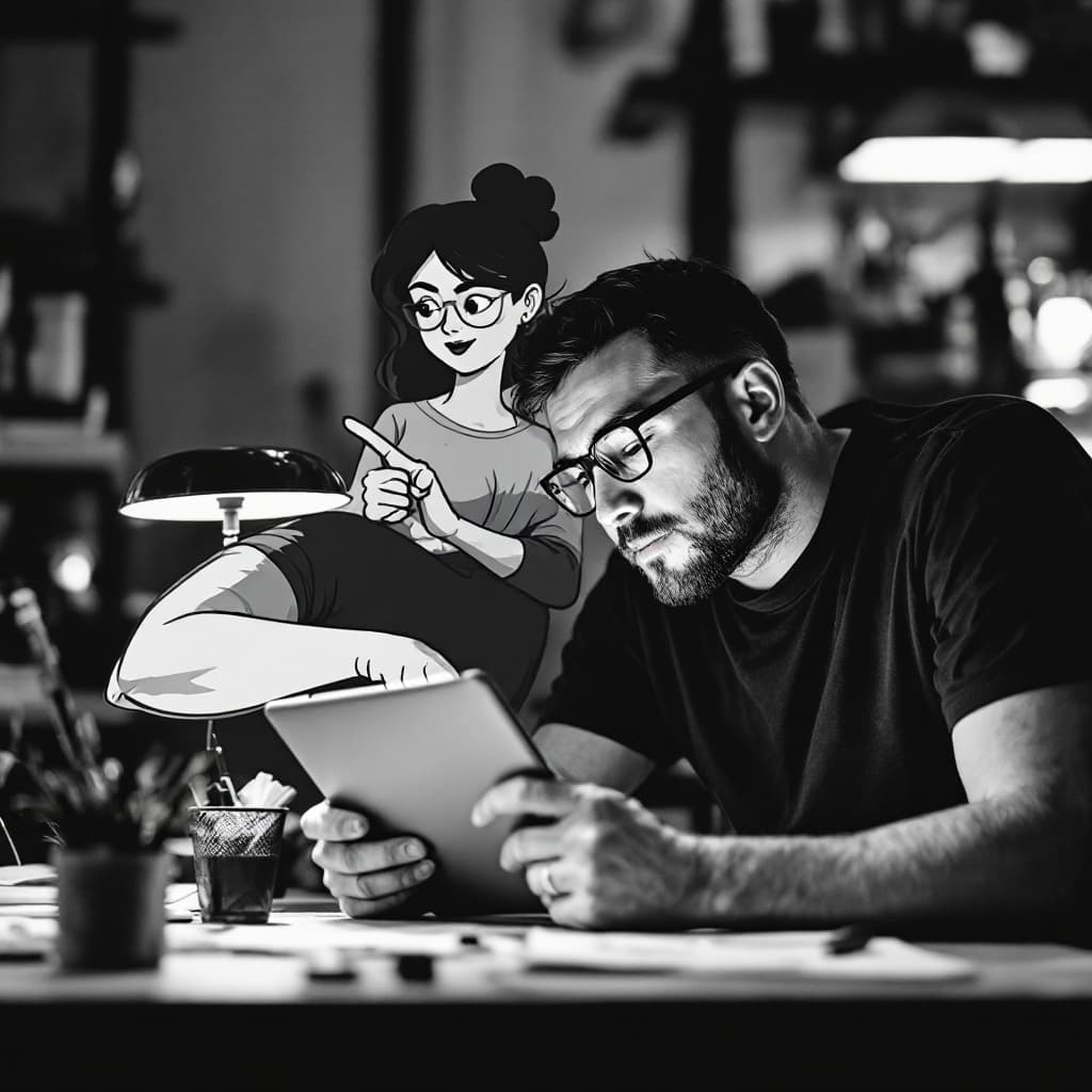 AI generated: A black-and-white photograph of a creative professional working on a digital tablet, with a flat-sty...
