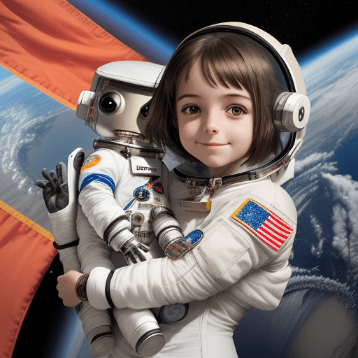 AI generated:  an astronaut girl and her small robot friend 
hugging insde a space station with portuguese flag in...