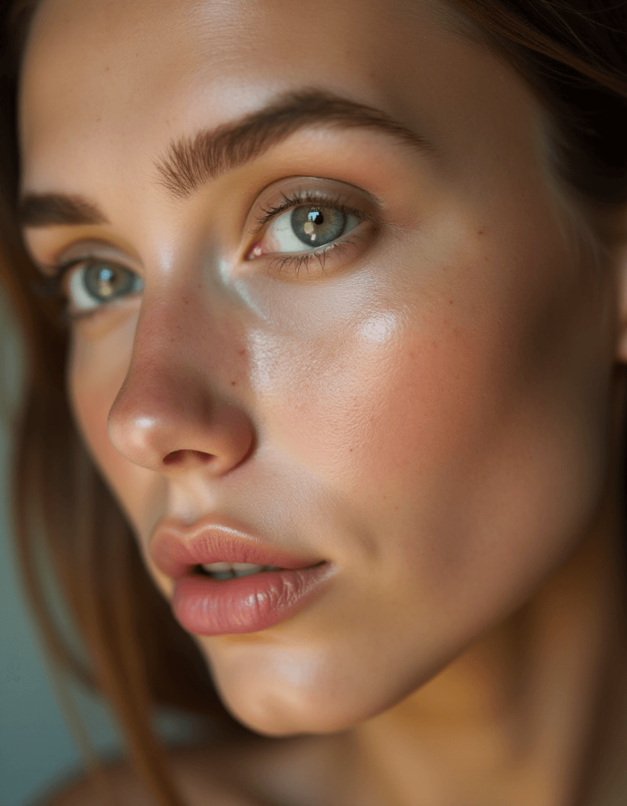 AI generated: A close-up shot of a woman's face, focusing on her left eye, cheek, and lips. She has smooth skin wi...