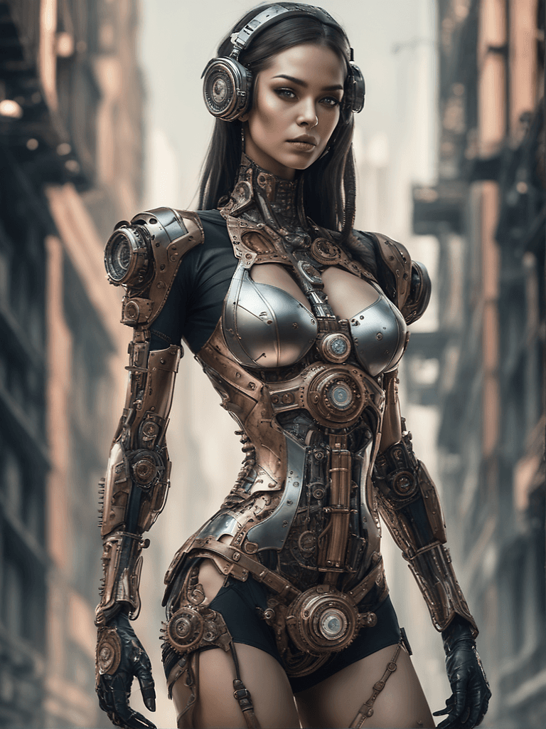AI generated: top model, full-length portrait, detailed face, symmetric, steampunk, cyberpunk, cyborg, intricate