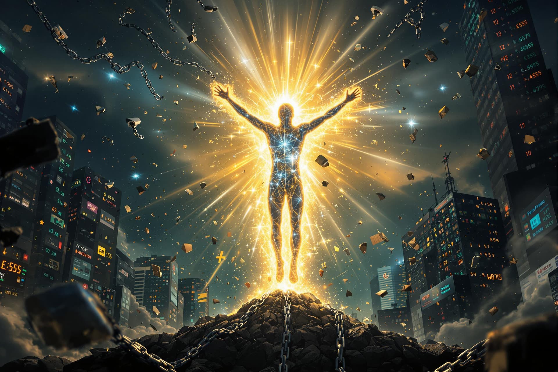 AI generated: A powerful and dramatic digital artwork depicting a figure breaking free from chains, symbolizing hu...