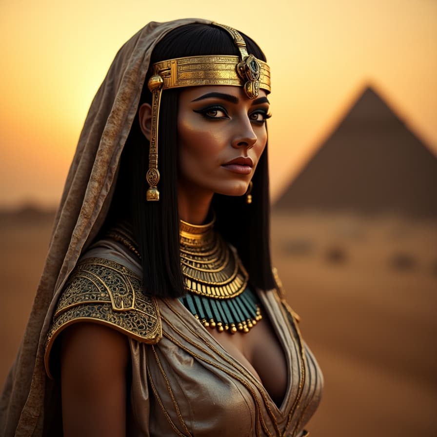 AI generated: A regal, enigmatic Egyptian woman"Cleopatra", adorned with 24-karat gold jewelry and headdress