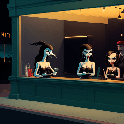 AI generated: A 21st century interpretation of Edward Hopper's "Nighthawks", modernized in the style of Tara McPhe...