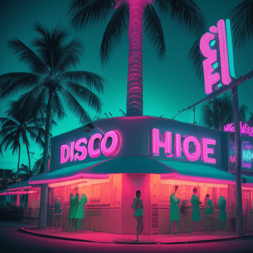 AI generated: Exterior wide, high quality advertising photo of a classy disco in Miami night, with deep depth of f...