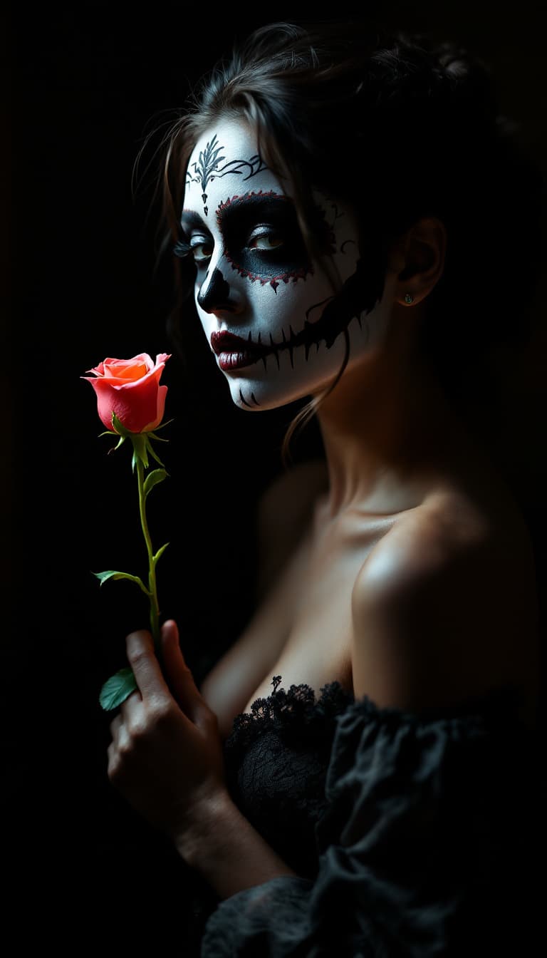 AI generated: A stunning woman with intricate Day of the Dead (Día de los Muertos) makeup, 3/4 view, waist up, hol...