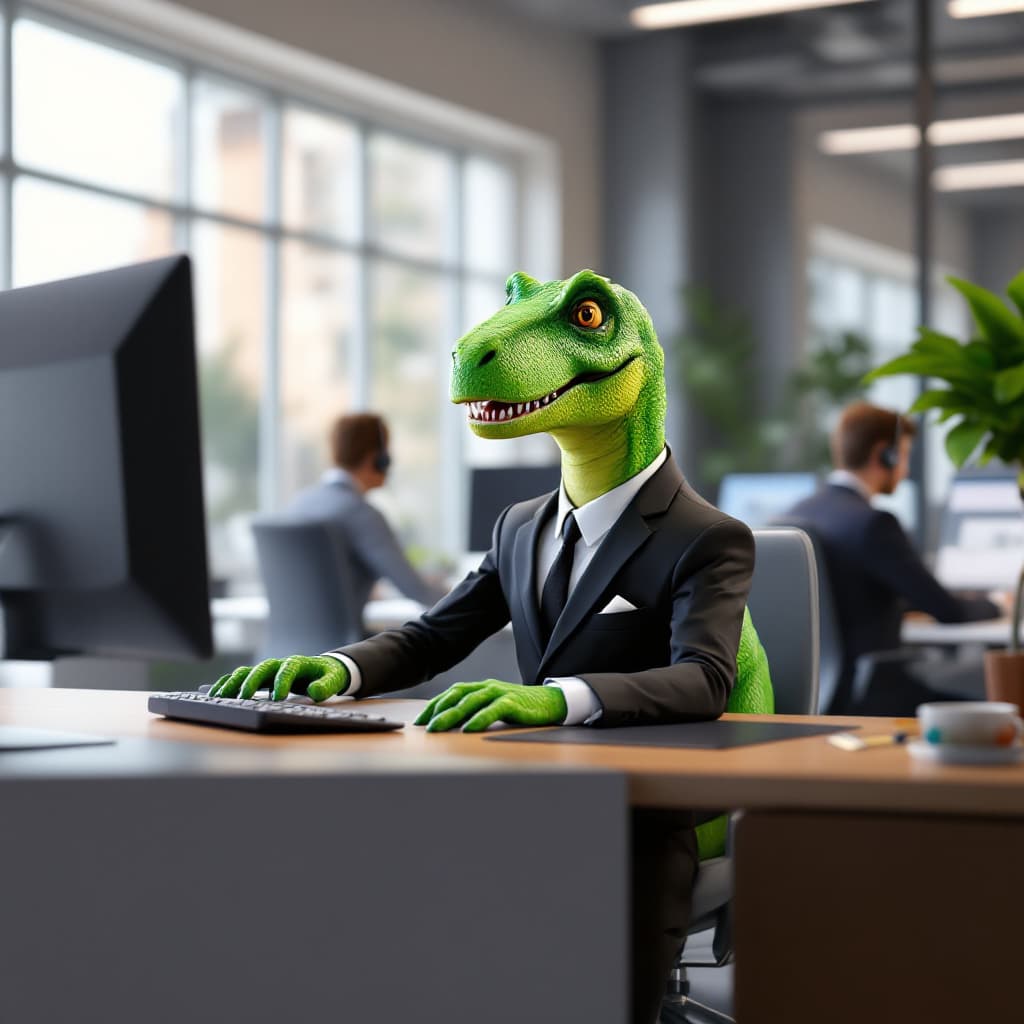 AI generated: A hyper realistic depiction of Rex, the green Tyrannosaurus from Toy Story, seamlessly integrated in...
