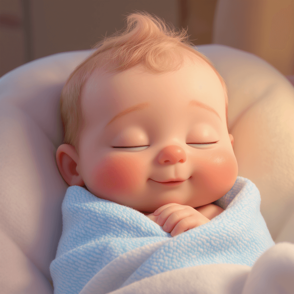 AI generated: A six-month-old baby with rosy cheeks, soft peach-fuzz hair, wrapped in a light blue blanket, innoce...