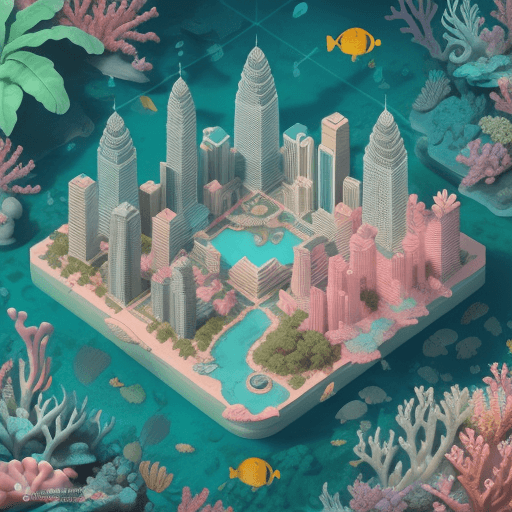 AI generated: malaysia city, isometric illustrations, 3D clay style, underwater color palette with sea greens, cor...