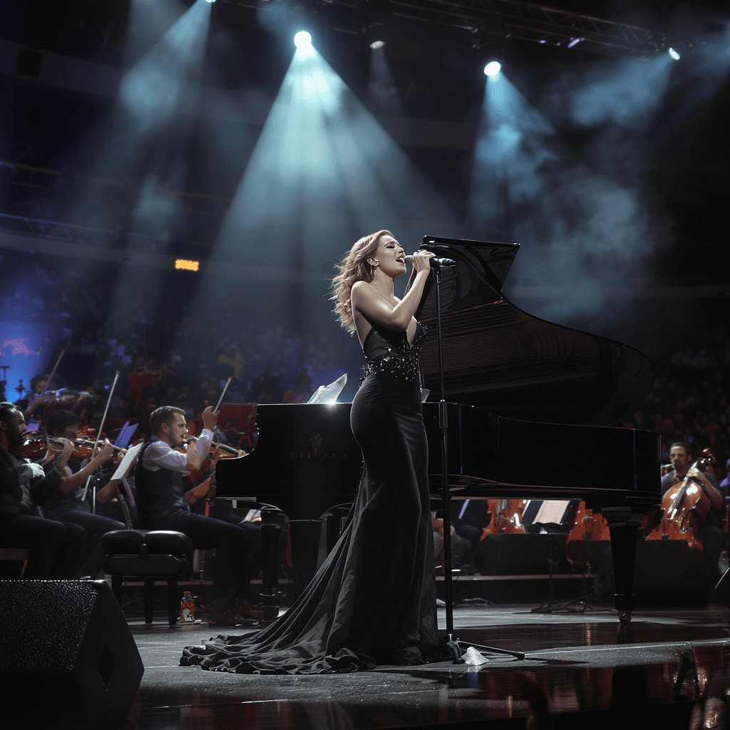 AI generated: Leona Lewis style female singer on stage, performing a dramatic power ballad, grand piano and orches...
