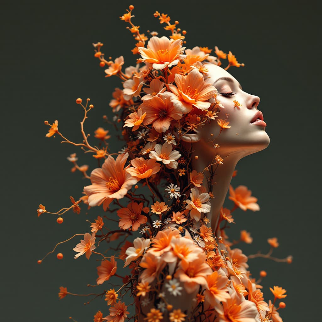 AI generated: 3d stunning woman in flowers with human and flower shaped branches,orange in the style of medical im...