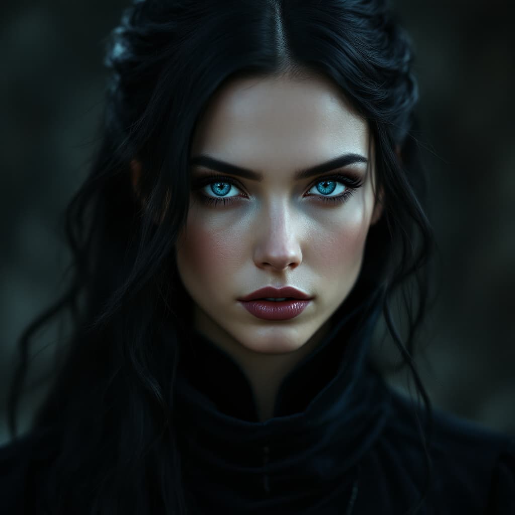 AI generated:  A close-up portrait of a striking woman with features. She has sharp, elegant facial features, with...