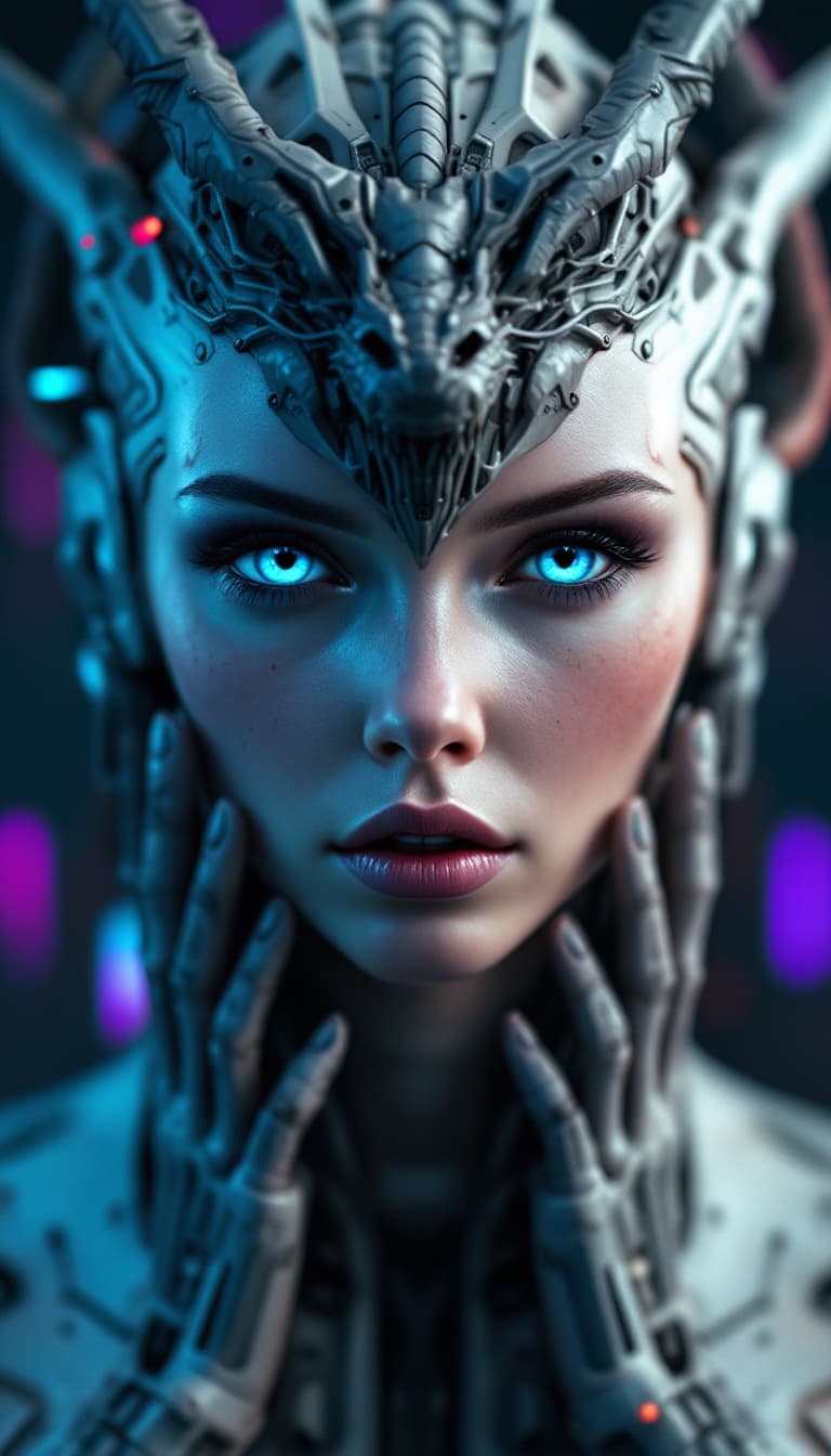 AI generated: a woman with blue eyes and a robot head with a dragon on her forehead and hands on her head, Android...