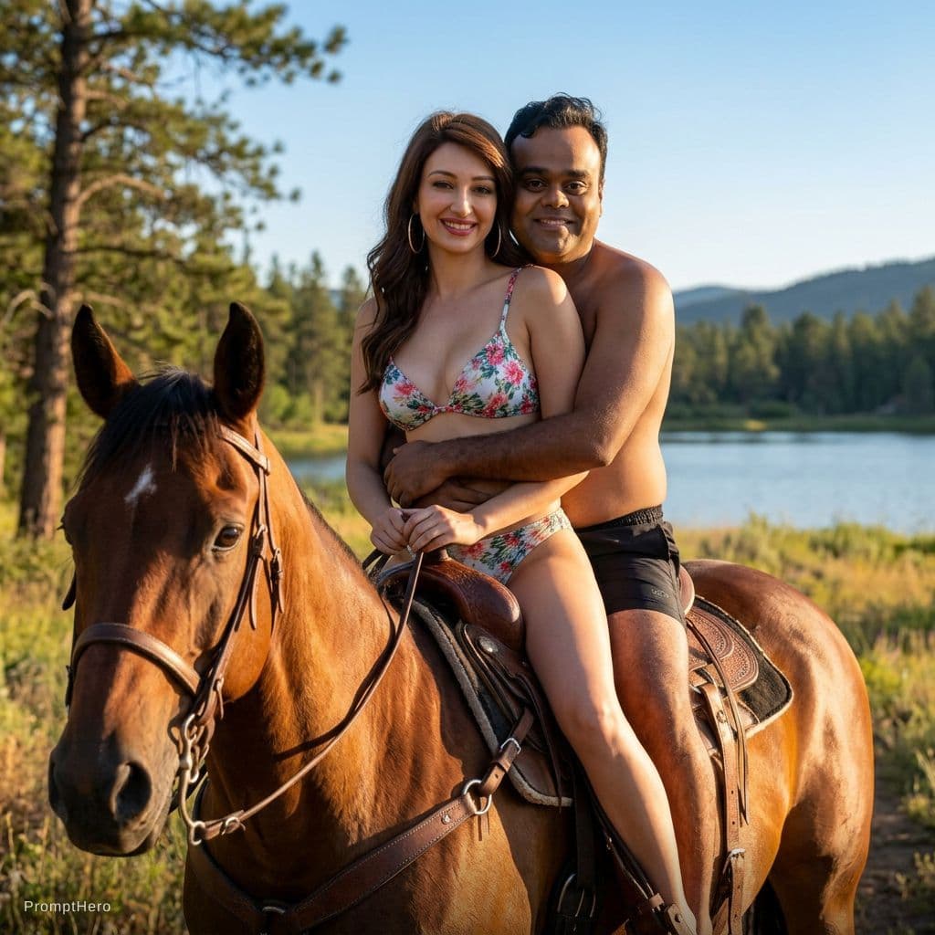 AI generated: Two people sitting on same horse girl seat ahead and boy seat behind girl tightly hold girl in same ...
