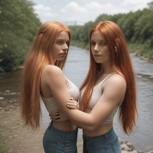 AI generated: a blonde woman with a long-haired red-haired woman. they are wearing short shorts and a tank top, th...