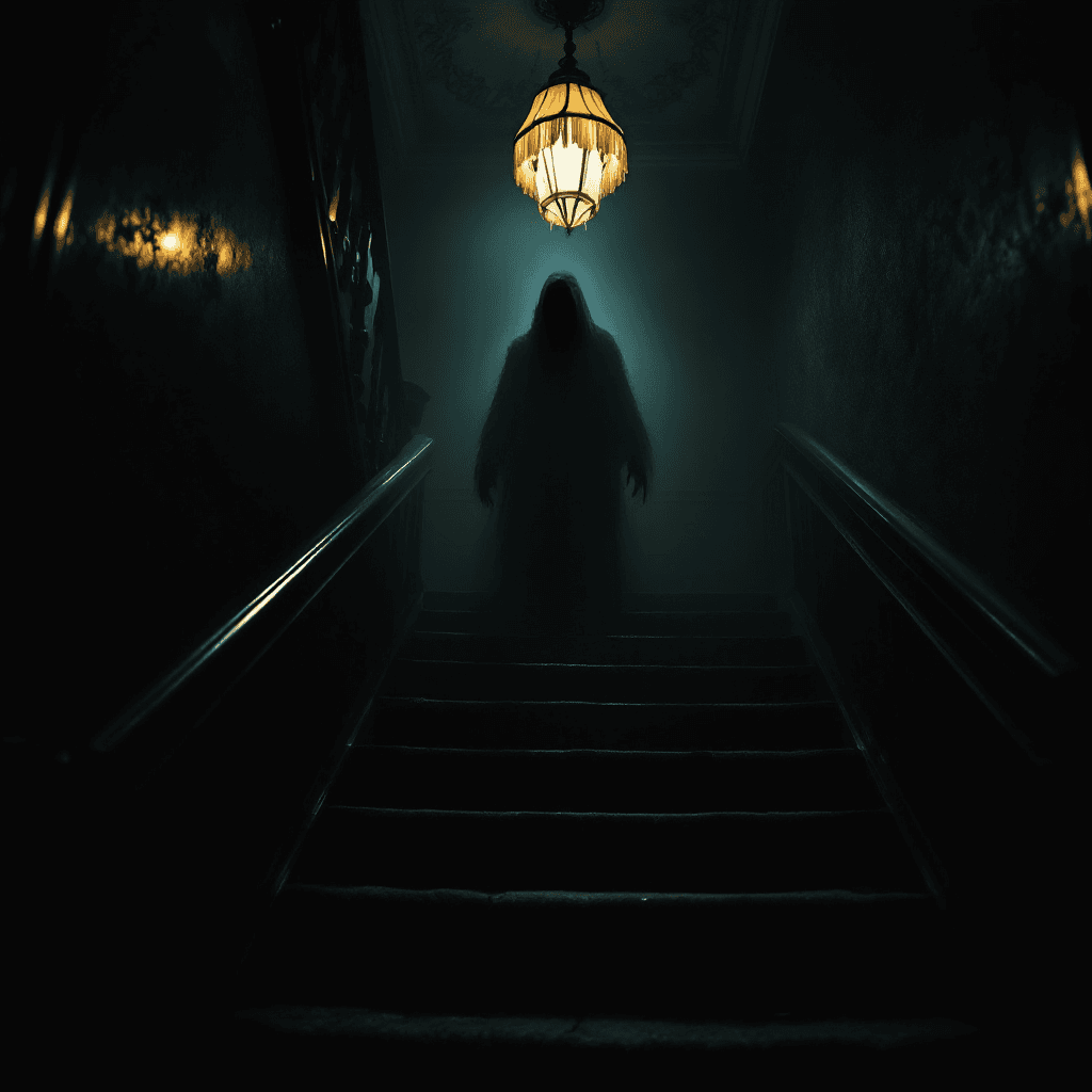 AI generated: A gothic horror style image, A fuzzy very dark shadow human like form, standing on a victorian stair...