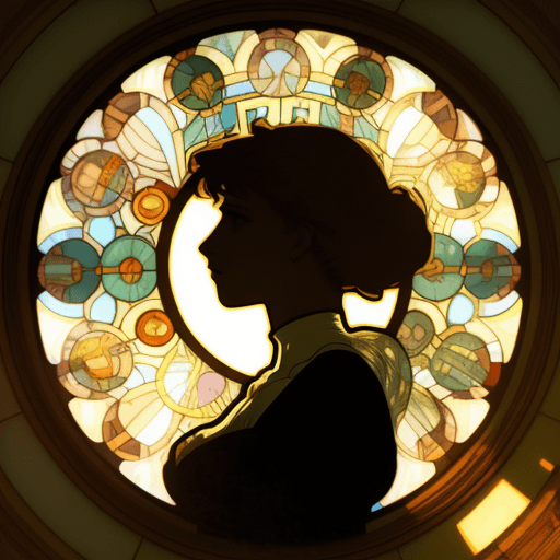 AI generated: Silhouette of a woman in the style of Alphonse Mucha in a round window