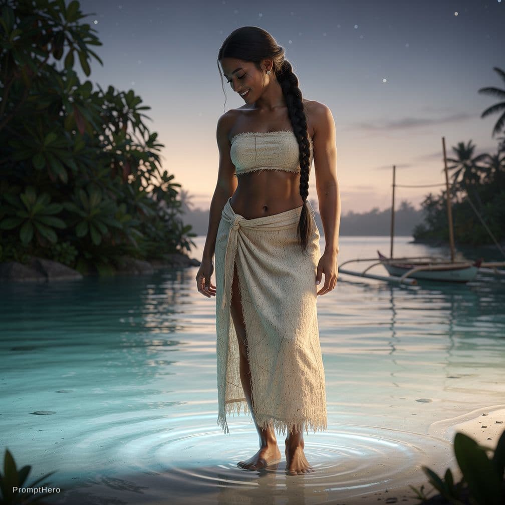 AI generated: An 8k full-body morning portrait of a beautiful 19-year-old Tahitian woman with a youthful, sweet fa...