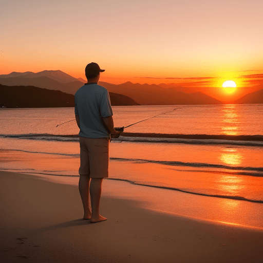 AI generated: close up back photo of person standing on the beach with mountains at sunset and relaxing, fishing b...