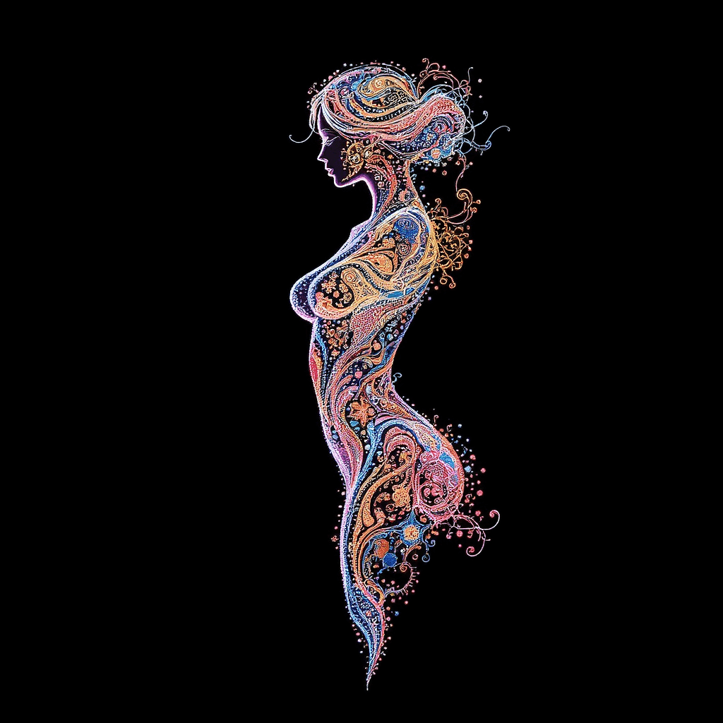 AI generated: A vibrant, stylized illustration depicting a delicate female silhouette formed from intricate, gloss...