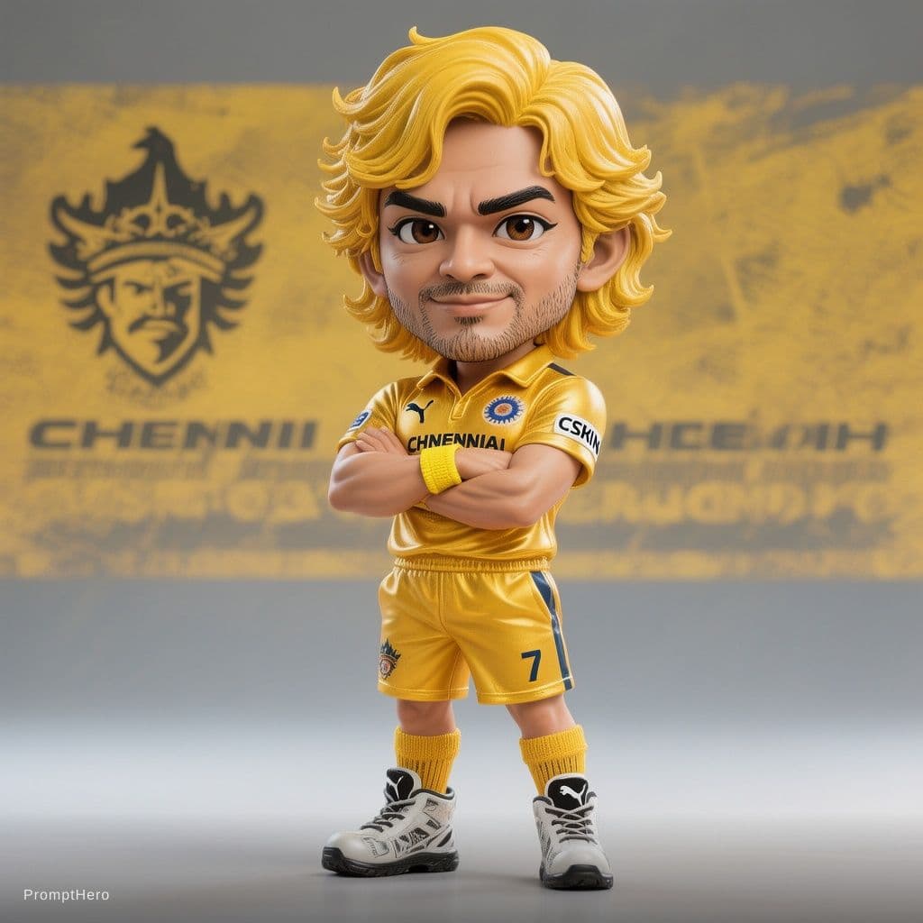 AI generated: 3D rendered caricature figurine of MS Dhoni, big head chibi style, wearing yellow CSK kit, number 7 ...