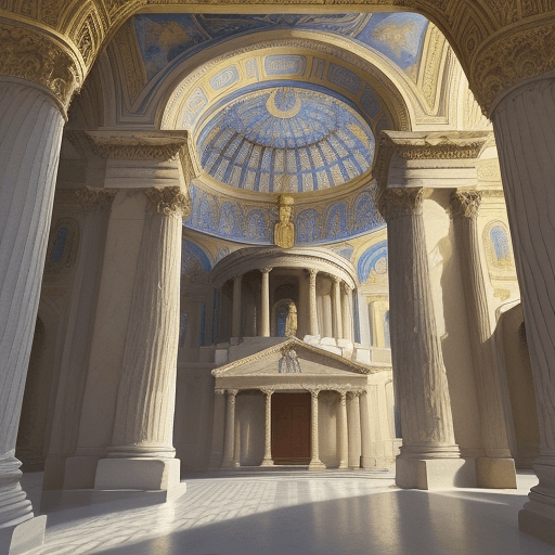 AI generated: fine detailed pointillism painting + low-angle view, hyper-realistic, classical church from the insi...