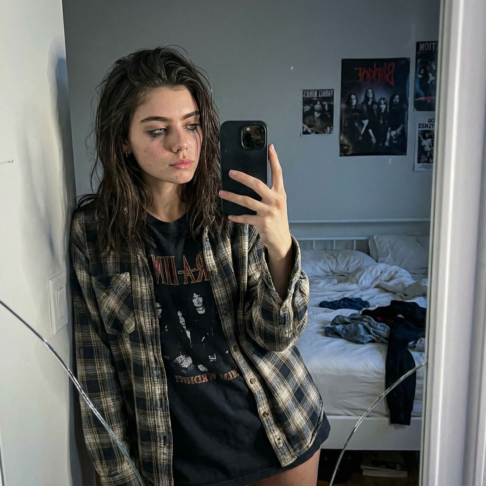 AI generated: Ultra-realistic photo of Yara captured late at night in her bedroom, leaning against a slightly crac...