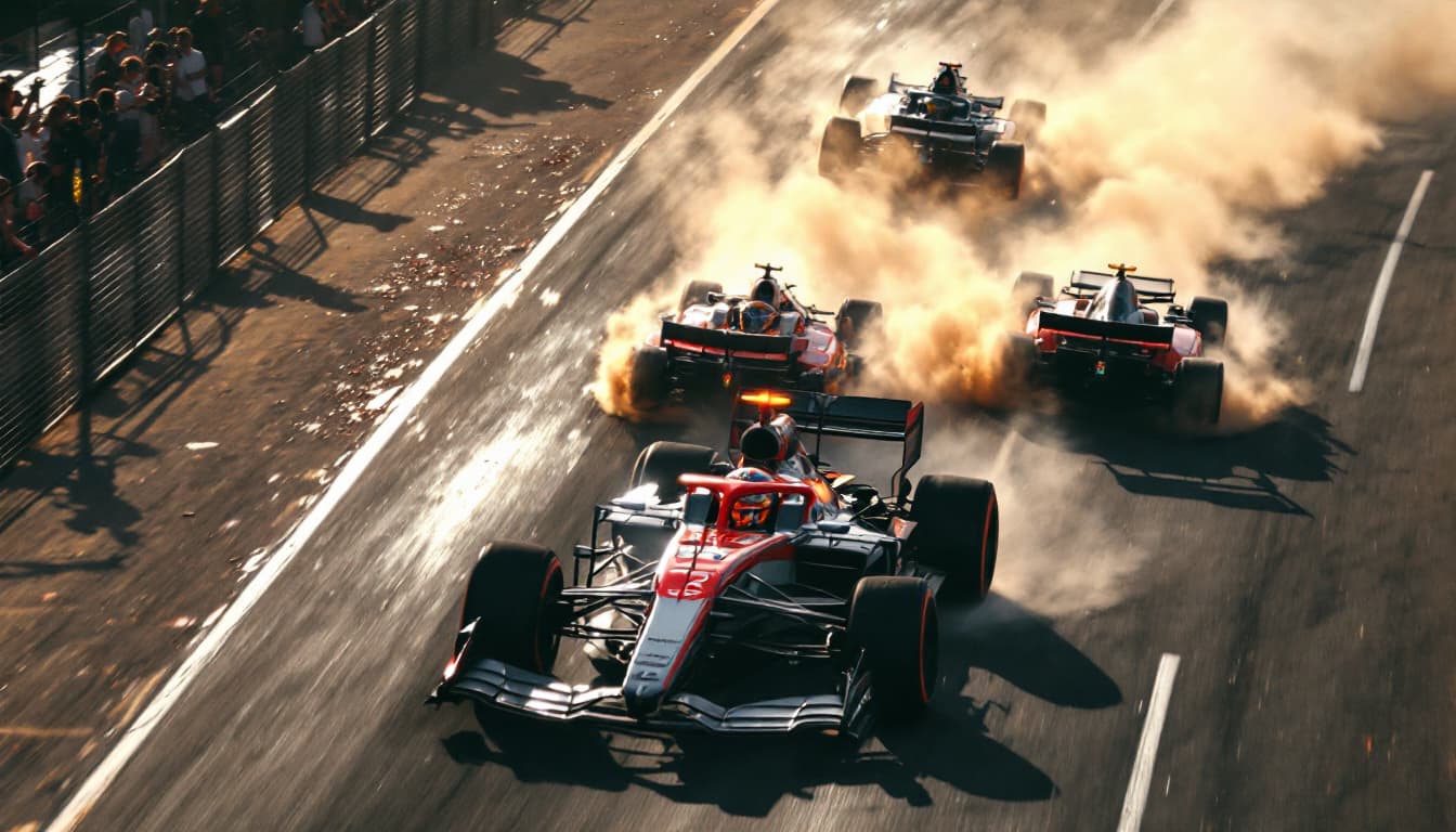 AI generated: The race track is well lit by sunlight.       Two cars collide on the track ahead and are carried to...