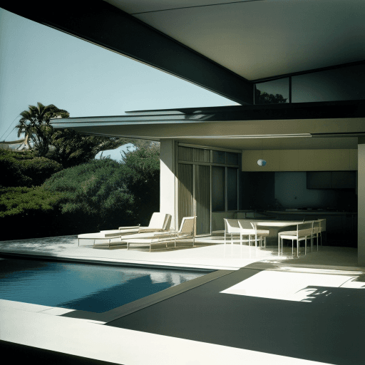 AI generated: Hyper realistic eye level exterior photo of a mid century modern style house overlooking the ocean, ...