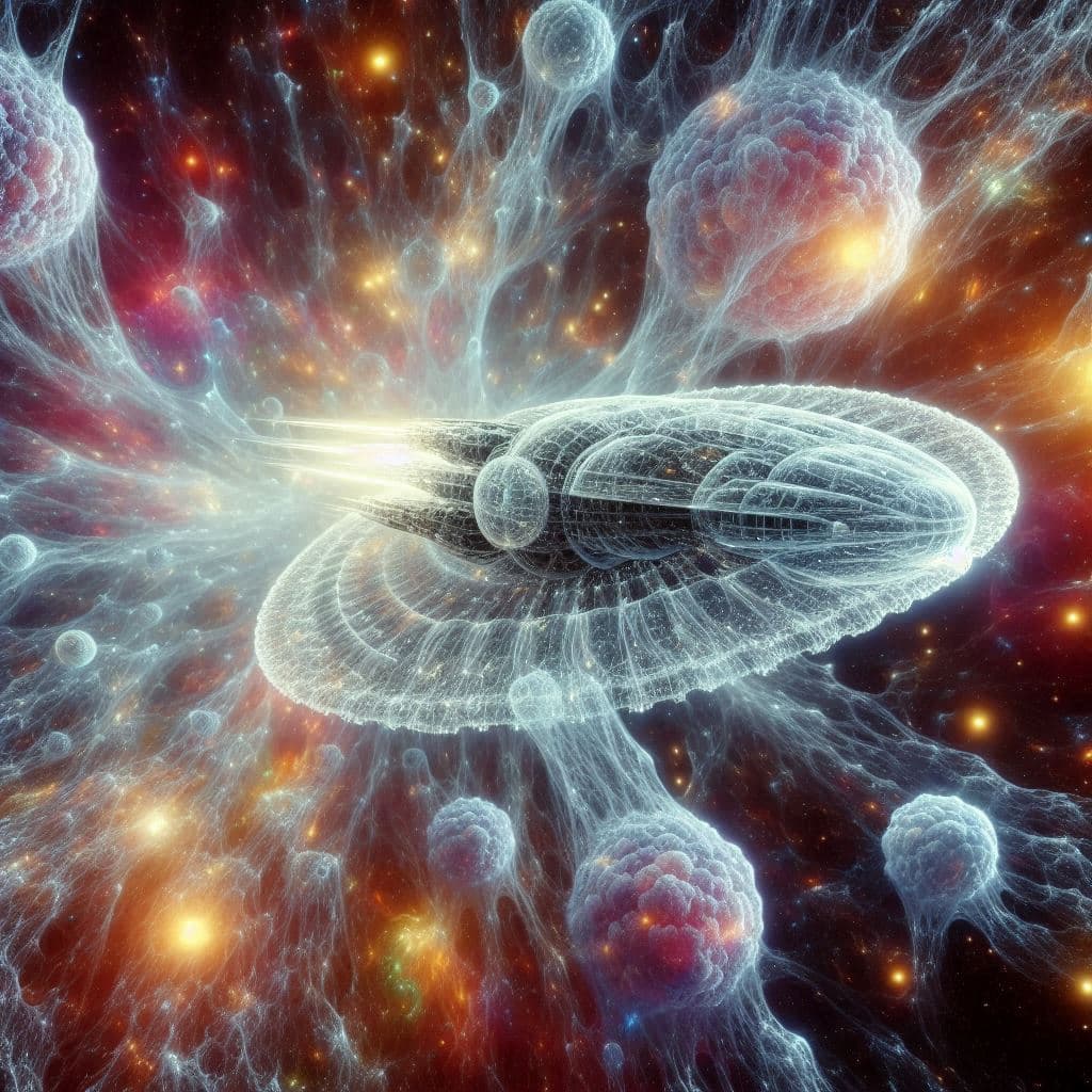 AI generated: The alien spacecraft is a translucent fractalius engine made of jade. It is enclosed in a glowing sh...