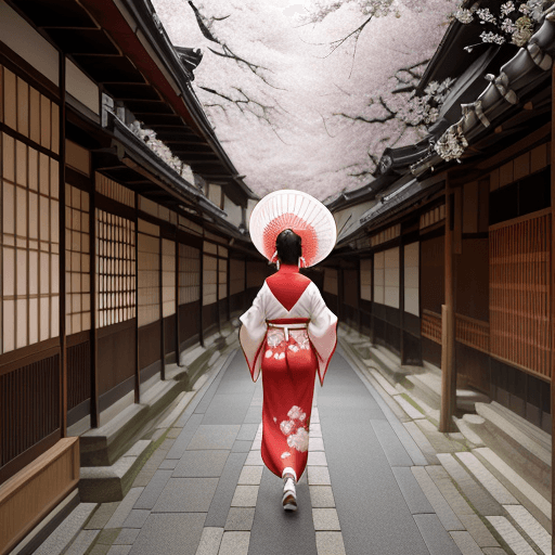 AI generated: <https://s.mj.run/F60ov1WSqTw> in a white kimono,walking through the streets of kyoto, cherry blosso...