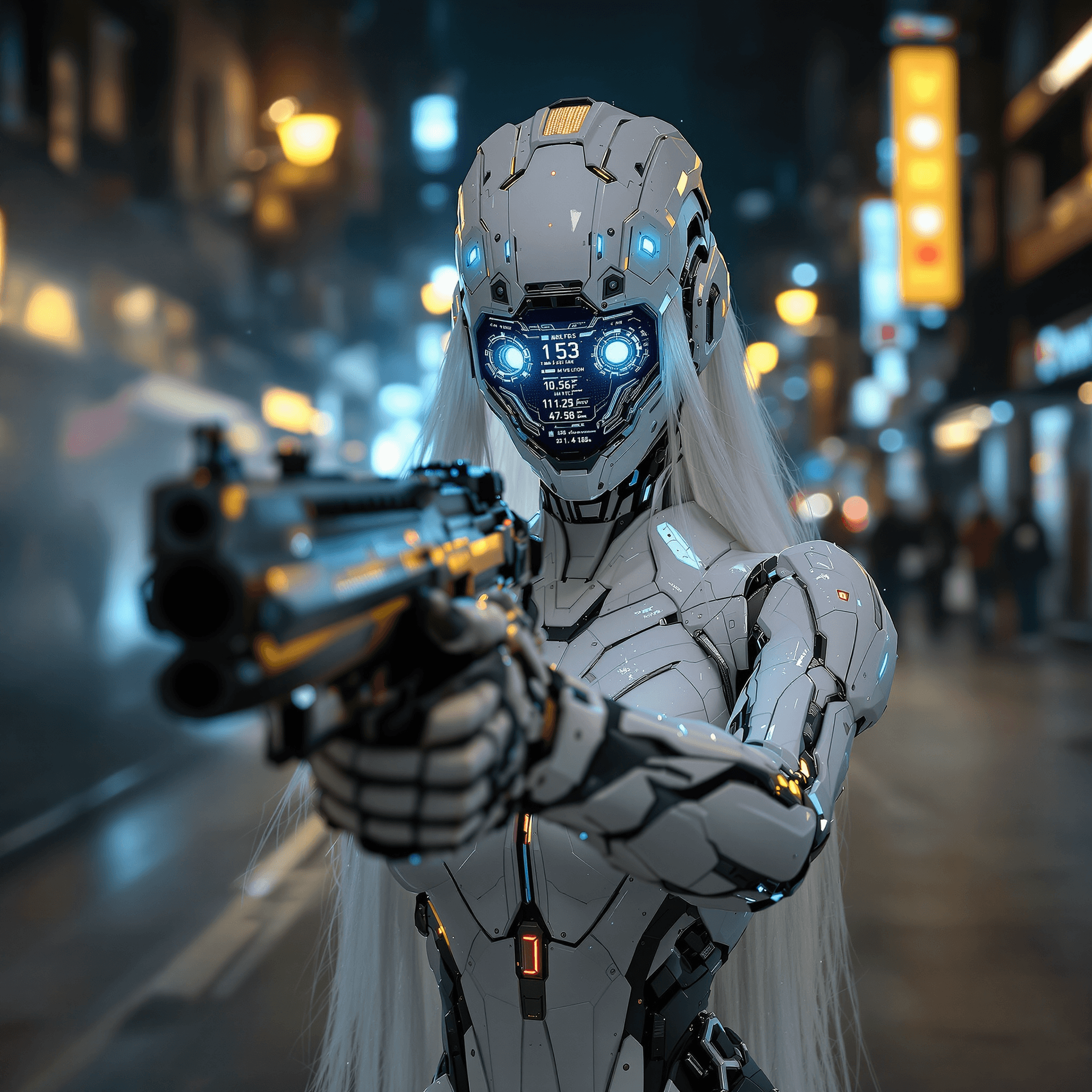 AI generated: medium wide shot, in cyberpunk city street night, Cyberpunk humanoid robot female, white long hair, ...