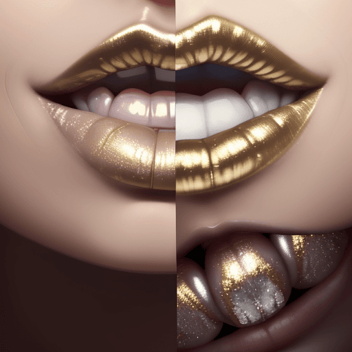 AI generated: Create a hyper-realistic digital painting of an open mouth with a glossy gold top lip and glossy bot...