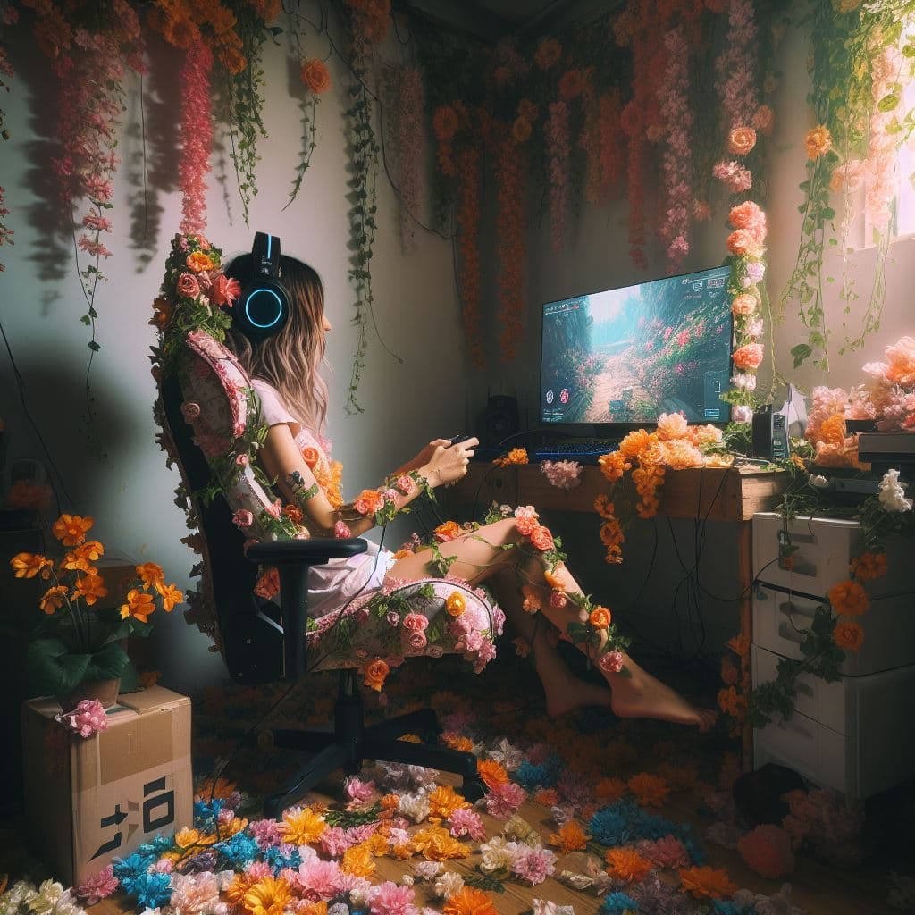 AI generated: A girl gamer sitting in her gamer chair, playing video games art by Rinko Kawauchi, in the style ofn...