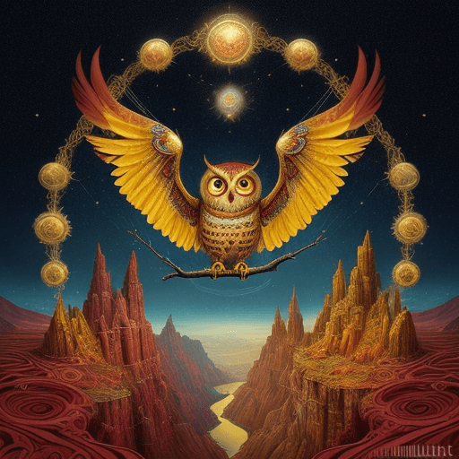 AI generated: Digital art, by IrinaKapi. red yellow gold, fantasy owl, way, path, ultra-detailed composition, floa...
