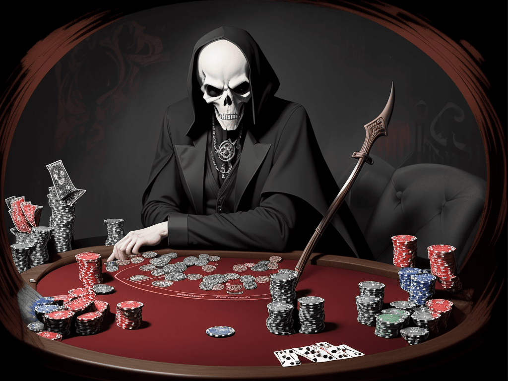 AI generated: death playing poker, scythe of death in background, looking at the camera, poker table, poker chips,...