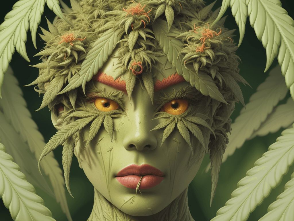 AI generated: high detailed professional upper body photo of android (cannabis) (weed) looking at viewer, unruly f...