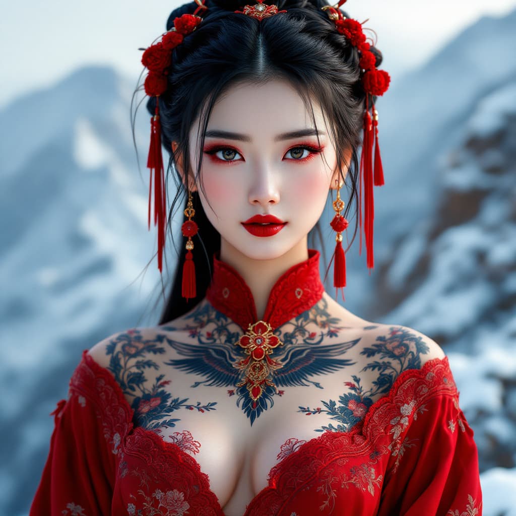 AI generated: Create a stunning portrait of an elegant Asian woman, with a snow-covered mountain in the background...